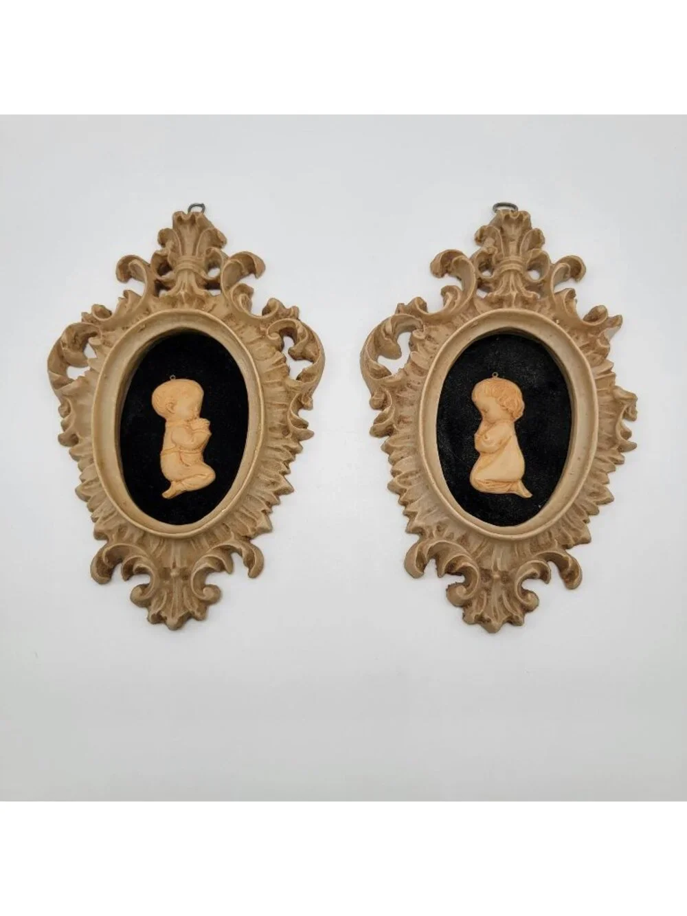 Pair Of Vintage Capodimonte Praying Children Wall Art Plaques With Ornate Frames